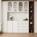 Modern Wine Cabinet With White Cabinetry Marble Backsplash Glass Doors Drawers And Decorative Shelves