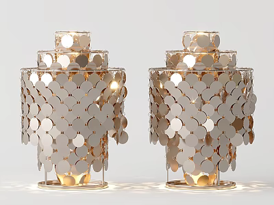 Pair of Modern Metallic Table Lamps With Circular Disc Scale Design And Illuminated Glow 3d model