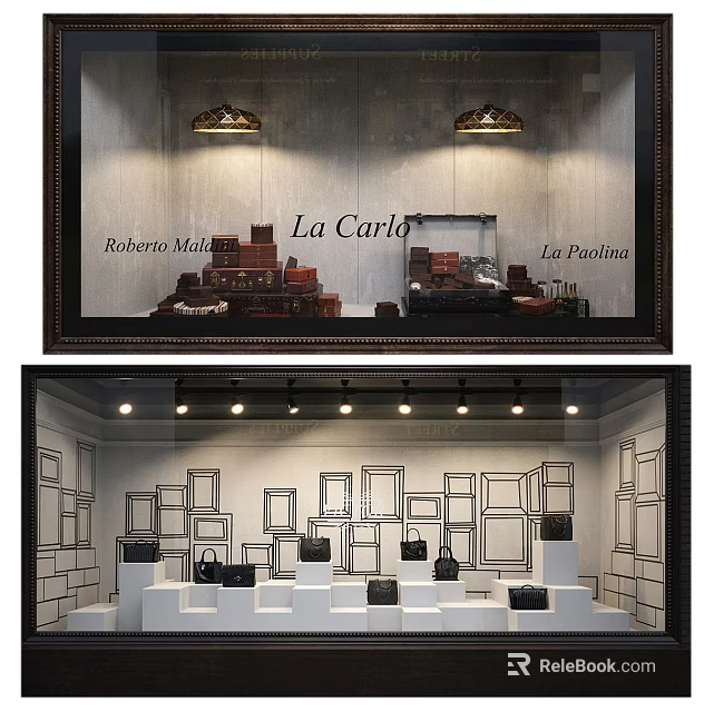 Stylish Store Window Display with Stacked Trunks Framed Decor and Black Bags 3d model 