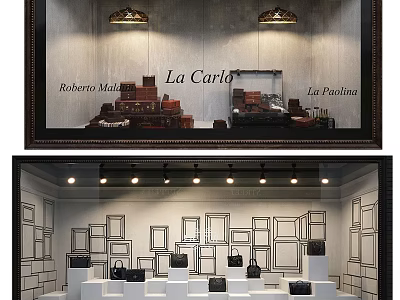 Stylish Store Window Display with Stacked Trunks Framed Decor and Black Bags 3d model