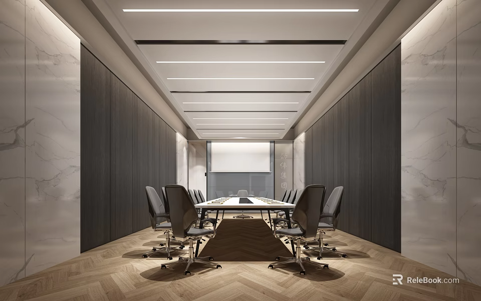Modern Conference Room With Table Chairs Lighting And Parquet Floor 3d model 