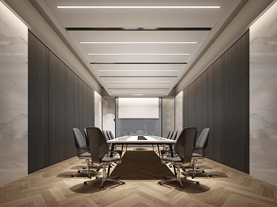 Modern Conference Room With Table Chairs Lighting And Parquet Floor 3d model