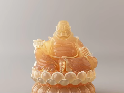 Amber Colored Laughing Buddha Sculpture With Hand Carved Lotus Base 3d model
