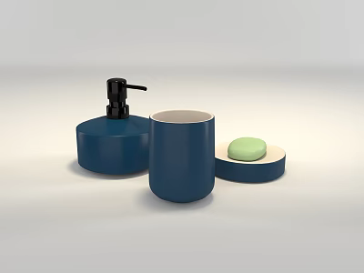 Blue Bathroom Accessories Set With Soap Dispenser Cup And Green Soap Bar 3d model