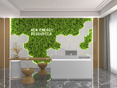 Modern Store Reception With Green Moss Wall Hexagonal Design And New Energy Theme 3d model