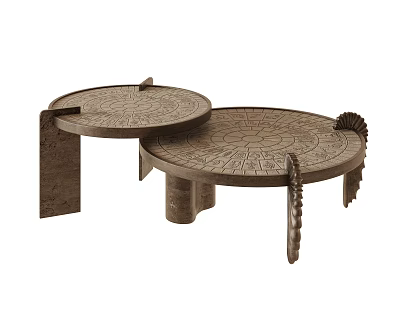 Retro Carved Round Nesting Coffee Table With Textured Surface For Luxury Living Room Decoration 3d model