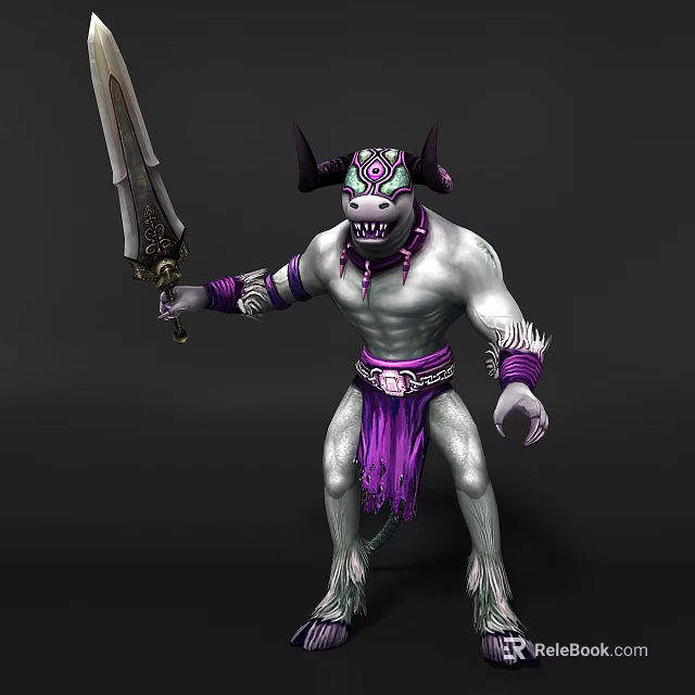 Fierce Horned Game Movie Character With Pale Skin Purple Sash And Large Sword 3d model 