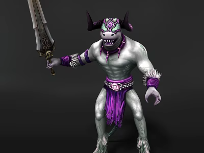 Fierce Horned Game Movie Character With Pale Skin Purple Sash And Large Sword 3d model