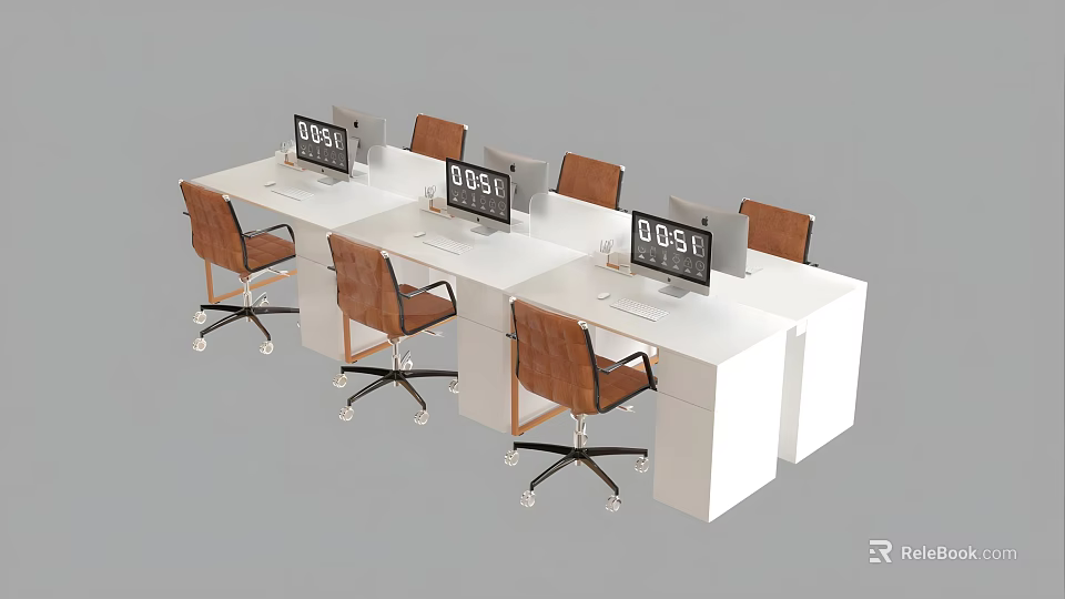 White Office Desk Setup With Computer Monitors And Brown Rolling Office Chairs 3d model