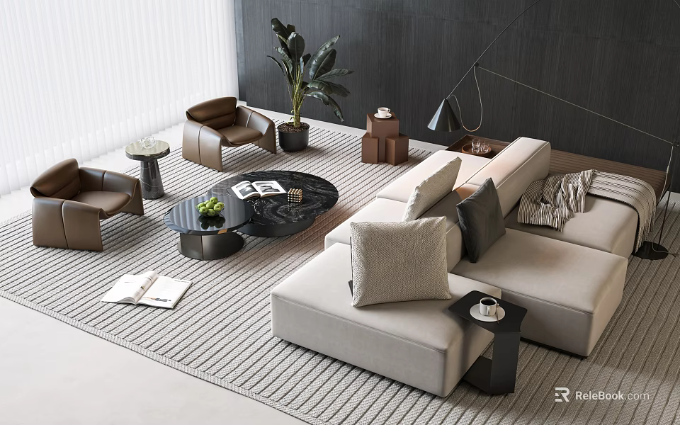 Modern Minimalist L shaped Sofa Coffee Table Combination With Throw Pillows Green Plants And Floor Lamp 3d model 