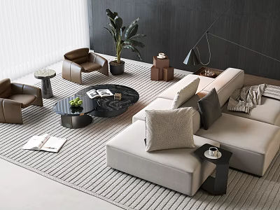 Modern Minimalist L shaped Sofa Coffee Table Combination With Throw Pillows Green Plants And Floor Lamp 3d model