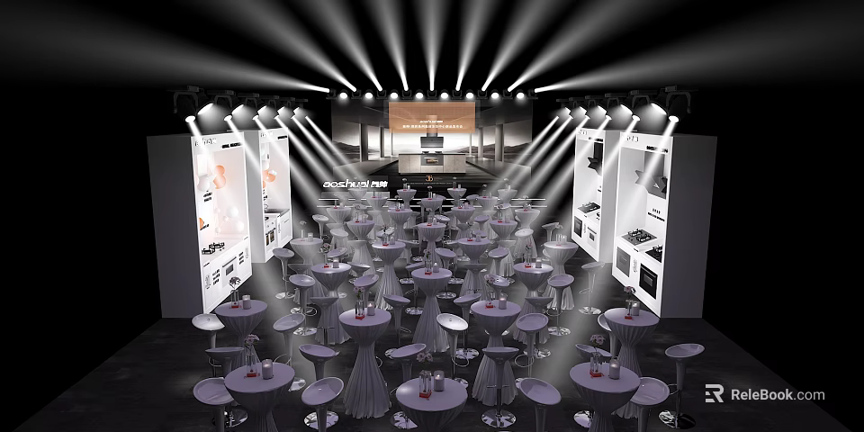 Elegant Stage Setup With Round Tables Chairs Overhead Spotlights Backdrop Screen And Display Areas 3d model