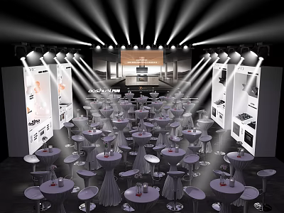 Elegant Stage Setup With Round Tables Chairs Overhead Spotlights Backdrop Screen And Display Areas 3d model