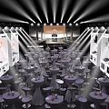 Elegant Stage Setup With Round Tables Chairs Overhead Spotlights Backdrop Screen And Display Areas 3d model