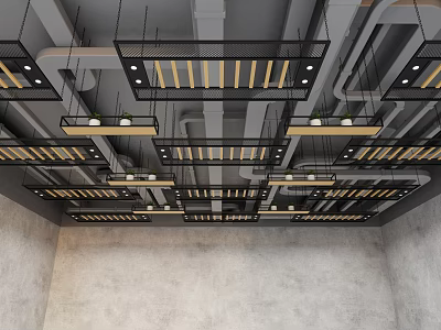 Modern Industrial Ceiling Design With Grid Metal Frames And Recessed Lights 3d model