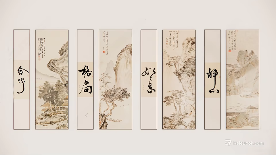 Traditional Chinese Art Decor With Landscape Paintings And Calligraphy 3d model 