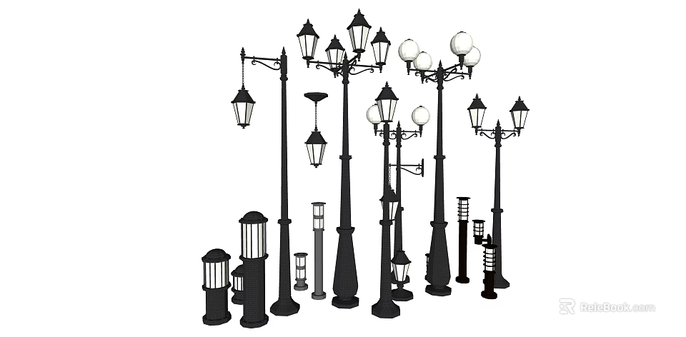 Black Outdoor Lights Collection Featuring Various Styles Different Designs And Heights 3d model