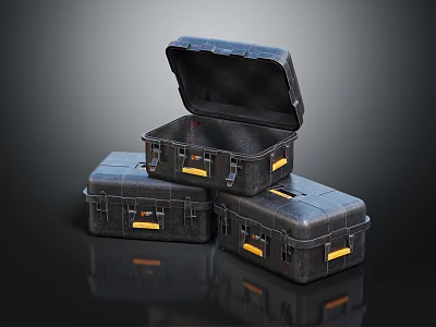 Three Black Hard Shell Cases One Open With Yellow Latches On Reflective Background 3d model