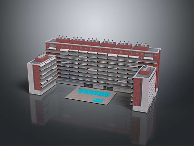Multi Storey Office Building With Red And White Exterior And Central Swimming Pool 3d model