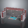 Multi Storey Office Building With Red And White Exterior And Central Swimming Pool