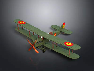 Vintage Green Biplane Aerospace Model Featuring Red And Yellow Emblems 3d model