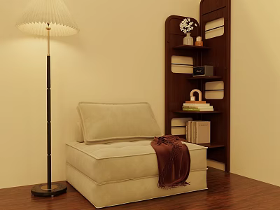 Upholstered Beige Single Sofa With Brown Blanket Floor Lamp And Wooden Bookshelf 3d model