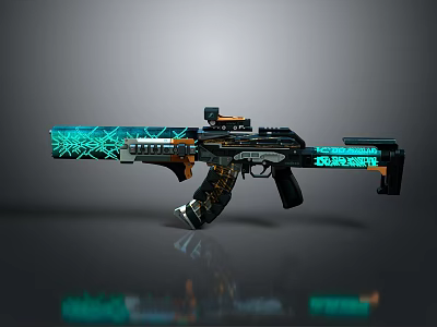 Modern Submachine Gun With Teal Blue Geometric Pattern And Tactical Scope 3d model