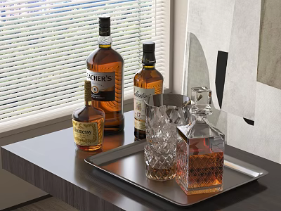 Wine Bottles And Glasses On Silver Tray With Crystal Glassware By Window Blinds 3d model