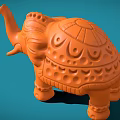 Orange Elephant Sculpture With Intricate Carved Patterns On Blue Background