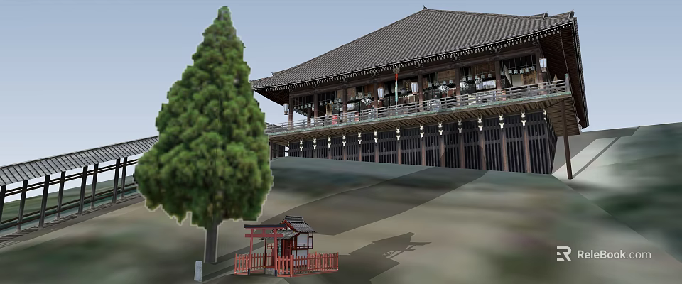Traditional Chinese Ancient Architecture With Tiled Roof Corridor Red Pavilion And Pine Tree 3d model 