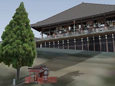 Traditional Chinese Ancient Architecture With Tiled Roof Corridor Red Pavilion And Pine Tree 3d model