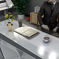 Modern Office Desk With Geometric Design Mac Computer Desk Lamp Yellow Flowers And Notebook