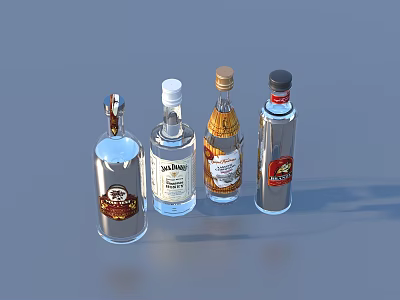 Different Transparent Spirit Bottles With Various Caps Labels And Accompanying Wine Glasses 3d model