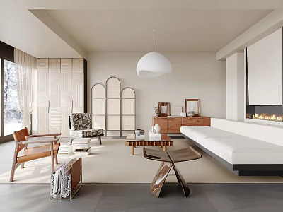 Modern Living Room Interior With Sofa Chairs Coffee Table Pendant Light And Fireplace 3d model