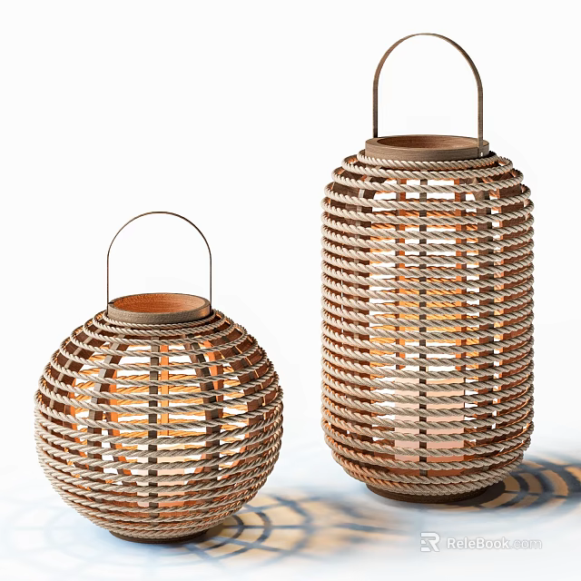 Outdoor Woven Rattan Lanterns Round and Cylindrical Handles Garden Patio Decor 3d model 