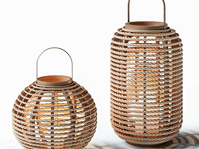 Outdoor Woven Rattan Lanterns Round and Cylindrical Handles Garden Patio Decor 3d model
