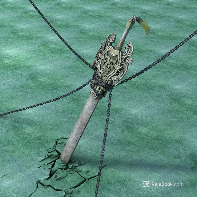 Ancient Sword Embedded in Cracked Ground With Intricate Hilt And Wrapped Chains 3d model 