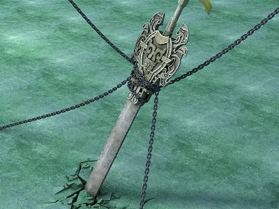 Ancient Sword Embedded in Cracked Ground With Intricate Hilt And Wrapped Chains 3d model