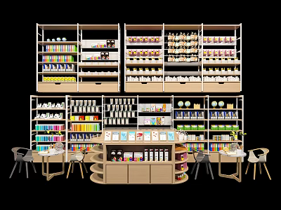 Organized Retail Store Shelves Display Various Products With Tables And Chairs 3d model