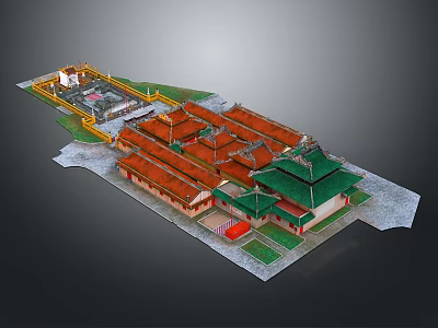 Traditional Chinese Architectural Complex 3D Model With Red Roofs Green Eaves Yellow Walls Symmetrical Layout 3d model