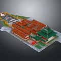 Traditional Chinese Architectural Complex 3D Model With Red Roofs Green Eaves Yellow Walls Symmetrical Layout