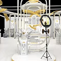 Elegant Modern Exhibition Hall with Golden Decorations and Glass Display Showcases