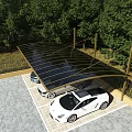 Brown Curved Carport Covering White Sports Cars In Outdoor Parking With Green Trees