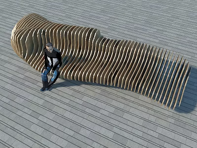 Wooden Curved Slatted Outdoor Chair In Modern Outdoor Setting With Stone Floor 3d model