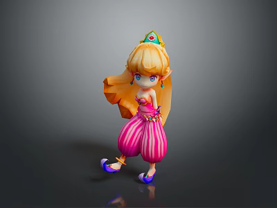 Cartoon Woman Princess With Long Golden Hair Green Gem Crown And Pink Striped Dress 3d model