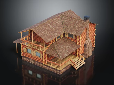 Traditional Log Cabin With Wooden Shingle Roof Stone Chimney And Front Porch Steps 3d model