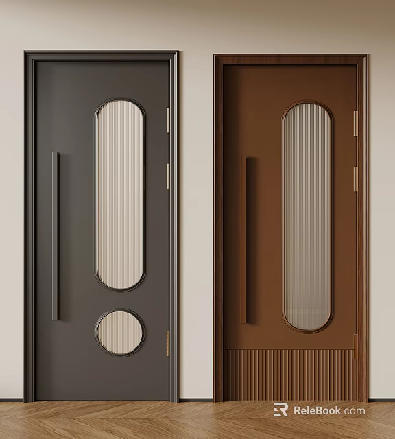 Modern Swing Doors in Dark Gray and Brown with Textured Glass Panels for Interior 3d model 