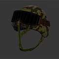 Camouflage Tactical Helmet With Black Goggles And Red Strap Design