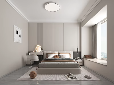 Modern Bedroom Interior With Beige Walls Round Ceiling Light Gray Upholstered Headboard And Large Window 3d model