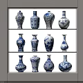 Blue and White Floral Vases with Various Designs Displayed on Shelves